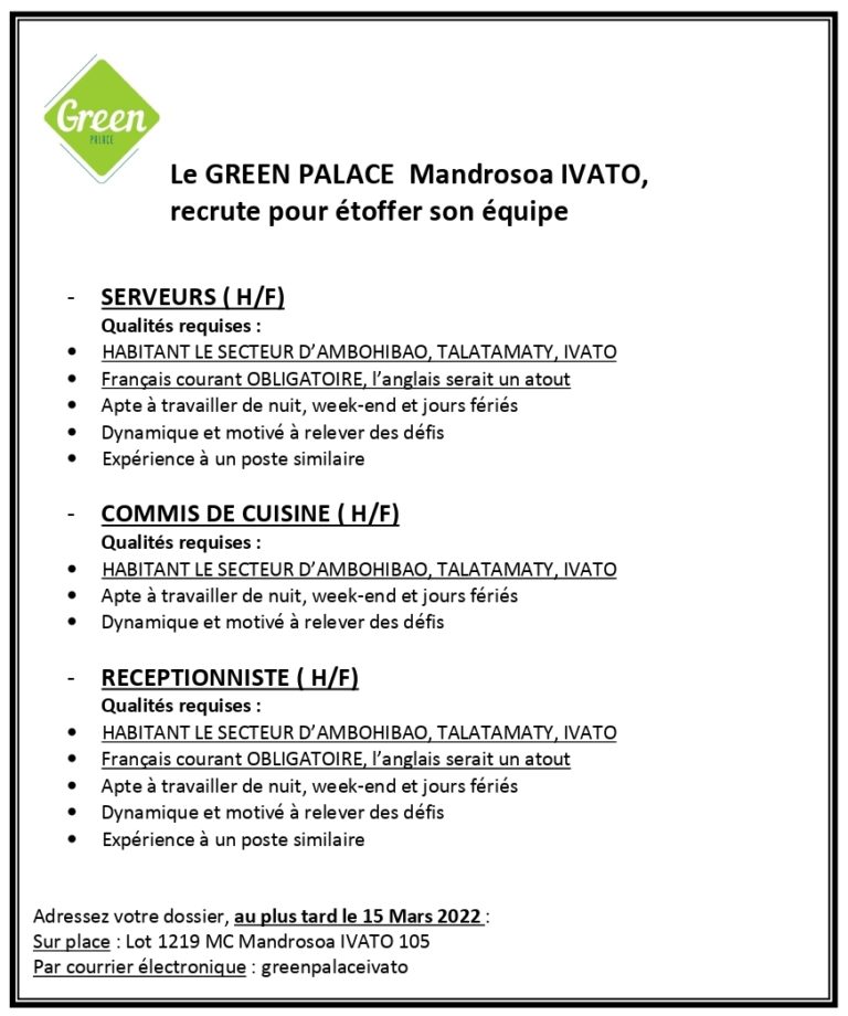 Offre d'emploi Green Palace