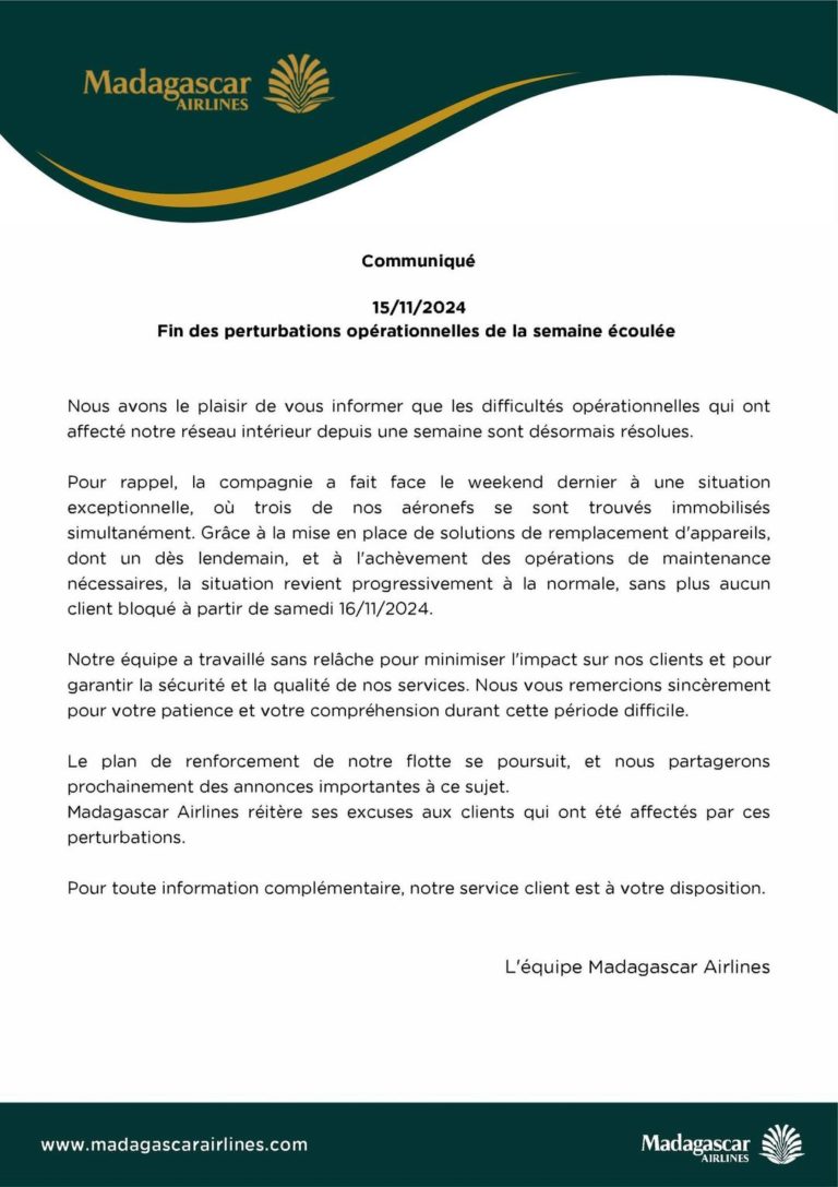 Lire la suite à propos de l’article Communiqué de Madagascar Airlines